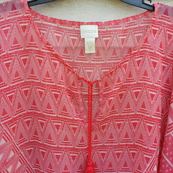 Chico's Coral Print Tassel Tie Kaftan Tunic Top - Picture 5 of 11